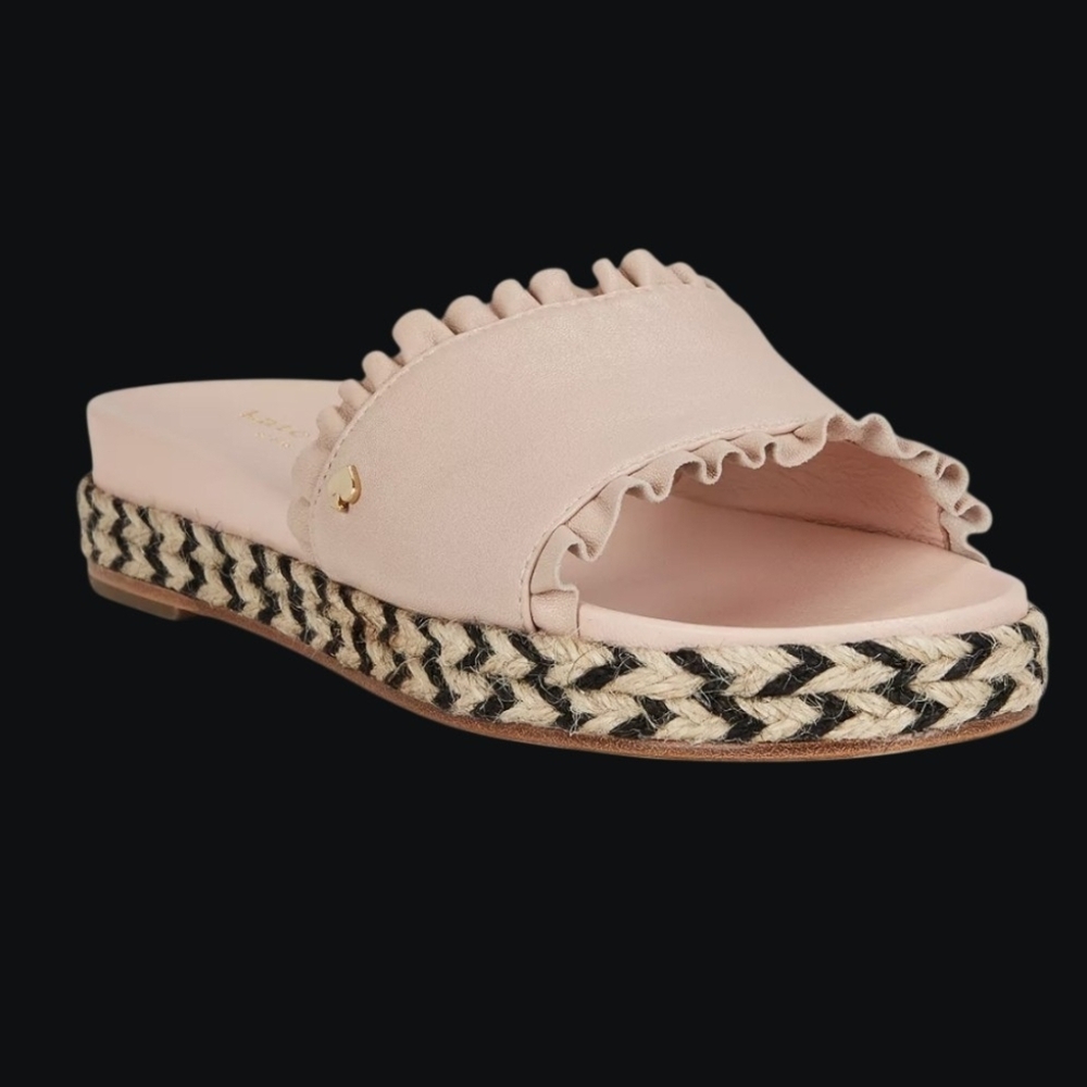 ​Kate Spade Zahara Blush Pink Ruffle Leather Chevron Flatform Sandals Size 8.5